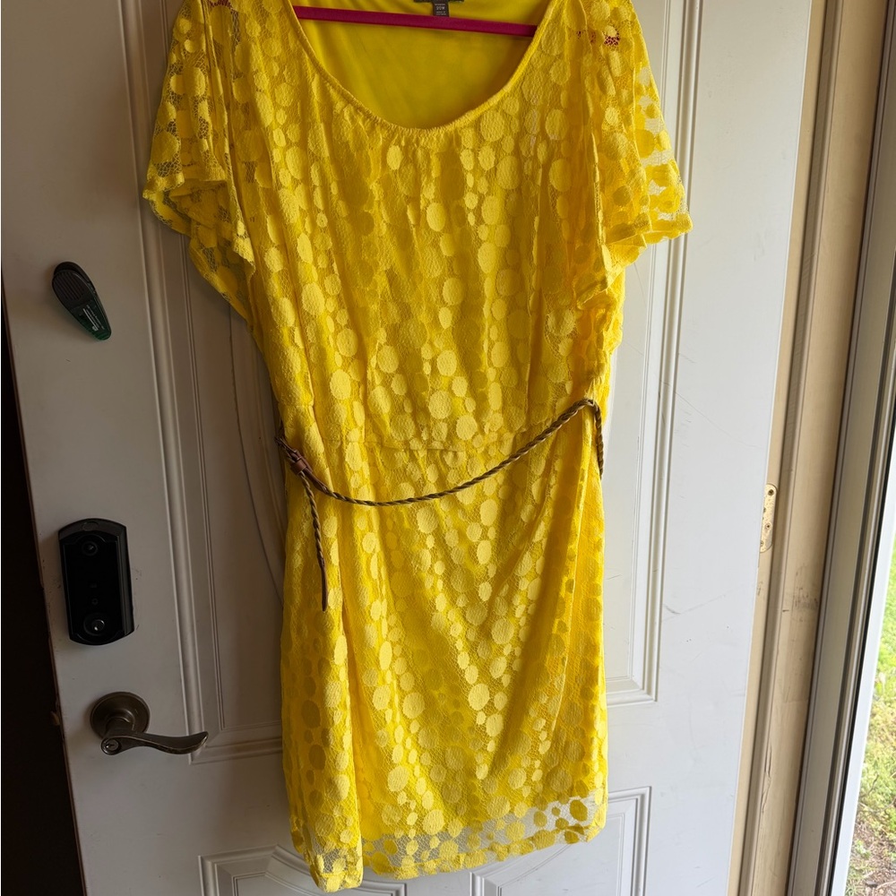 Roz & Ali Bright Yellow Lace Mini Dress with Braided Belt